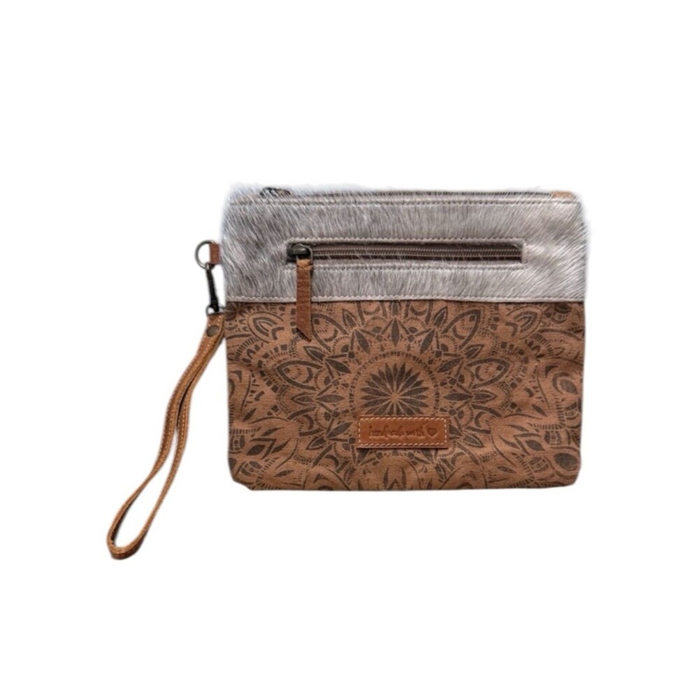 Sixtease Zealous Canvas Leather Fur Wristlet Bag Womens Western Boho Clutch